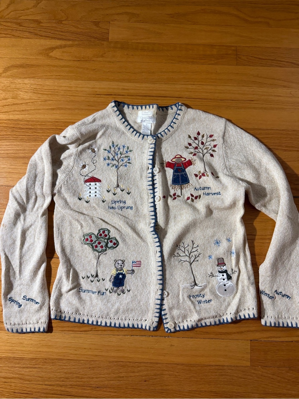 Christopher & Banks Hand-Embroidered Seasonal Cotton Cardigan Sweater Cream/Blue